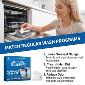 Detail view of Jakehoe dishwasher cleaner tablets showing grease removal benefits.