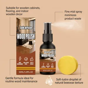 Jakehoe wood polish spray detail with application info and natural beeswax texture.