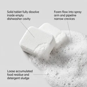 Macro detail of white dissolving dishwasher cleaner tablets for grease and limescale removal