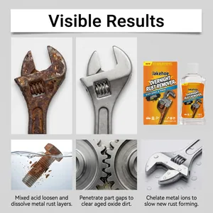 Jakehoe metal rust remover solution demonstrating before and after cleaning results on tools