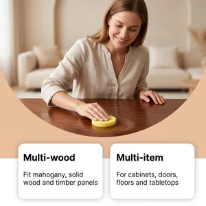 Close-up of woman polishing a wooden table with a wood care sponge for restoration