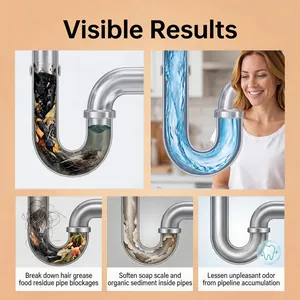 Detailed pipe cleaner infographic showing visible results on hair, grease, and clogs.