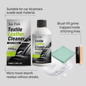 Détails du kit de nettoyage pour cuir textile Jue Fish avec une brosse et une microfibre.