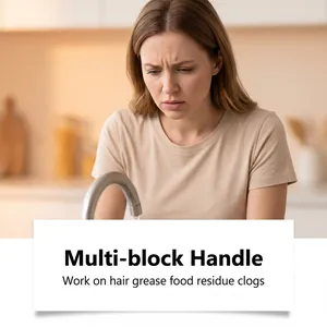 Close-up detail of a woman frustrated by a clogged kitchen sink needing drain unblocker.