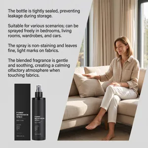 Lifestyle detail of 100ml fabric refresher spray used on sofa pillows and textiles