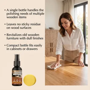 Jakehoe wood polish kit showing furniture revitalization with a sponge and spray bottle