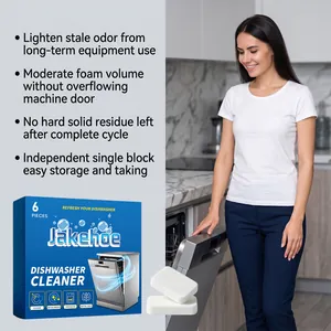 Jakehoe dishwasher cleaner tablets shown with lifestyle kitchen scene and features
