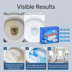 Gros plan des tablettes Jue Fish se dissolvant en mousse bleue active dans une cuvette WC.