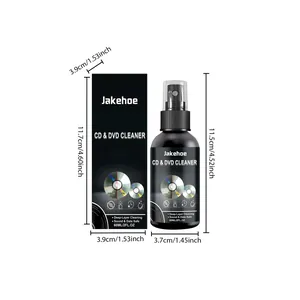 Gedetailleerde afmetingen van Jakehoe CD- en DVD-reinigingssprayfles met de doos