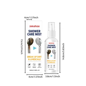 Close-up of shower head cleaner bottle and box with precise size measurement markings