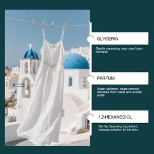 Λεπτομερής προβολή συστατικών φύλλων σαπουνιού πλυντηρίου με γλυκερίνη και άρωμα