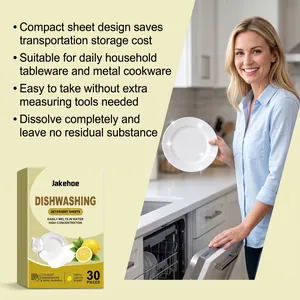 Detail view of Jakehoe dishwashing detergent sheets showing kitchen usage and benefits
