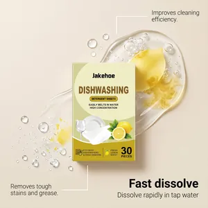 Detailed macro view of Jakehoe dishwashing detergent sheets with liquid splashes