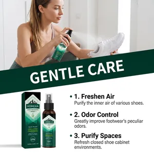 Usage scene of HOMEXA shoe freshening spray on sneakers with feature highlights