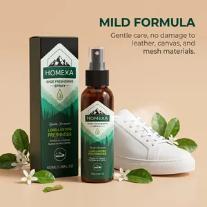 HOMEXA bergamot shoe freshener spray bottle and packaging next to a white sneaker