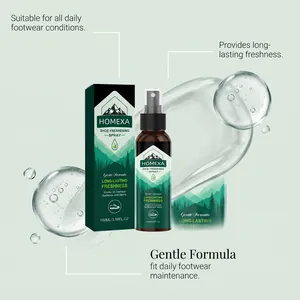 Detail view of Homexa 100ml shoe freshening spray bottle and its packaging box