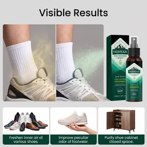 Detail view of HOMEXA shoe freshening spray showing odor removal results and usage scenarios