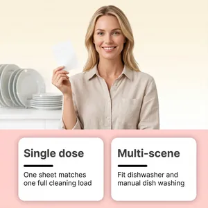 Detail view showing a smiling woman holding a white dishwashing sheet for single-dose use.