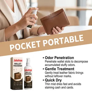 Detailed view of Jakehoe wallet freshener spray showing odor removal and quick dry features