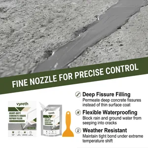 Detail view of Vyreth concrete crack filler showing application results and benefits.