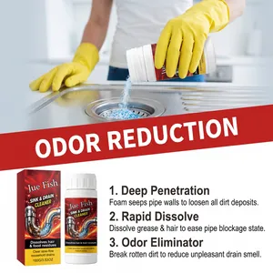 Jue Fish sink and drain cleaner powder showing three main benefits for odor reduction