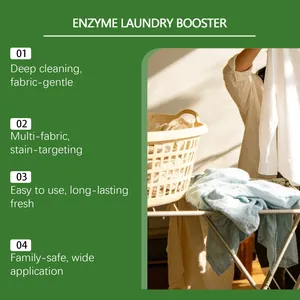 Enzyme laundry booster infographic showing deep cleaning and fabric-gentle features