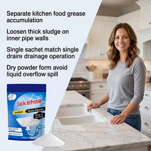 JAKEHOE kitchen drain cleaner powder for pipes with a woman in a kitchen setting