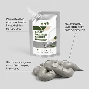 Detail view of grey concrete crack repair filler paste with water droplets showing waterproofing.