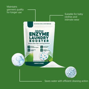 Detail of Jakehoe enzyme laundry booster showing stain removal and eco-friendly features.