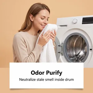 Close-up detail of washing machine cleaner neutralizing stale smells for fresh laundry
