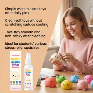 Detail view of JAKEHOE squishy cleaner spray bottle being used on a soft toy at a desk