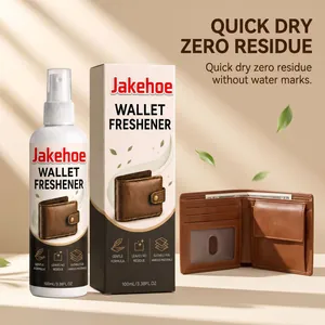 Jakehoe wallet freshener spray bottle and box shown with a brown leather wallet detail