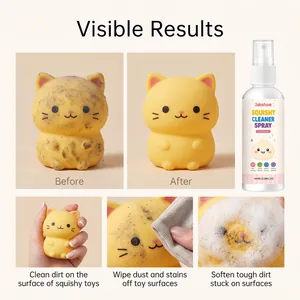 Before and after comparison of Jakehoe squishy cleaner spray on toy cat surface.