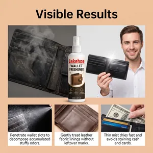 Detail view of JAKEHOE wallet freshener spray showing odor removal and leather care results