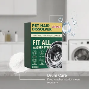 Jakehoe washing machine cleaner powder dissolving pet hair on laundry room counter