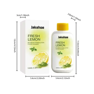 Detailed technical view of 100ml Jakehoe fresh lemon floor cleaner bottle and box with dimensions