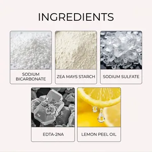 Detailed ingredients of toilet cleaning powder featuring sodium bicarbonate and lemon oil