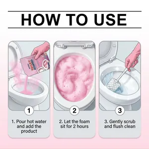 Step-by-step guide for using Jakehoe toilet cleaning powder with pink active foam.