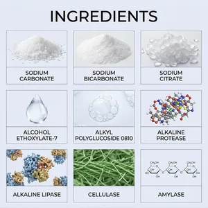 Detail list of active ingredients for drain clog remover including enzymes and salts