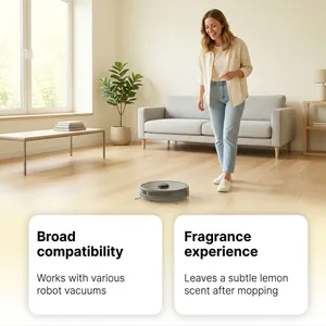 Robot vacuum using floor cleaner solution with fresh lemon scent in living room