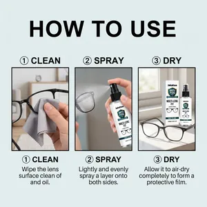 Detail instruction showing three simple steps to use anti-fog spray on glasses