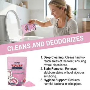 Woman pouring pink toilet cleaning powder into a white toilet bowl in a bright bathroom.