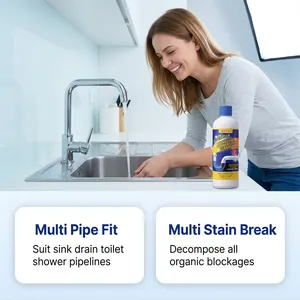Efficient drain cleaner for sinks and toilets shown in a bright kitchen setting.
