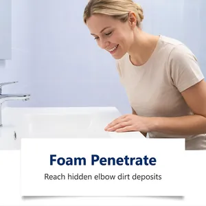 Happy woman standing by bathroom sink showing foam penetration benefit of drain cleaner