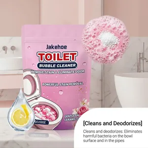 Powerful Jakehoe toilet bubble cleaner removes stains and deodorizes ceramic surfaces.
