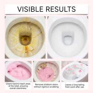 Detail showing pink foaming toilet cleaner removing stubborn stains for visible results.