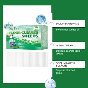 Détail des feuilles de nettoyage Jue Fish soulignant le bicarbonate de soude et le citrate