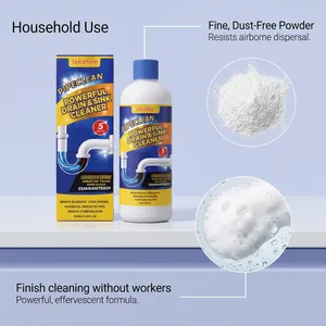 Jakehoe powerful drain cleaner powder showing effervescent formula and fine texture