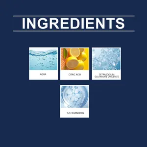 Detailed macro view of shower spray cleaning ingredients including citric acid and aqua