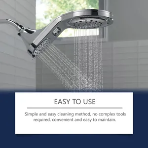 Chrome shower head detail showing easy cleaning spray mode for bathroom maintenance